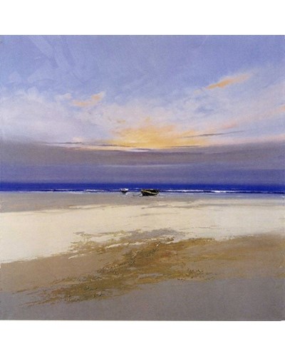 ציור שמן ים כחול וסירה בחוף